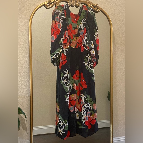 Farm Rio For Anthropologie Long-Sleeve V-Neck Black Floral Maxi Dress Size S - Picture 11 of 13